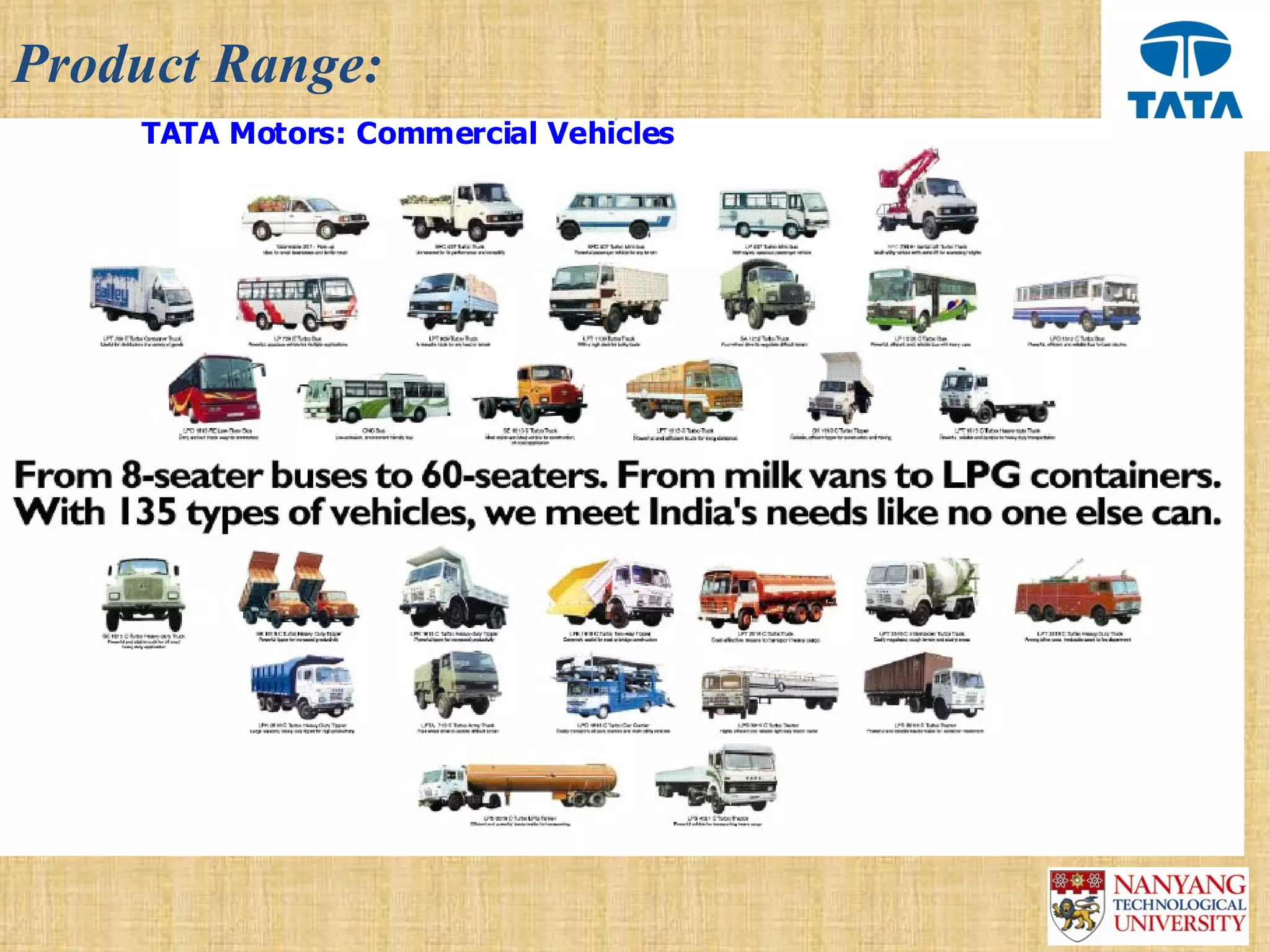 Product Range:
    TATA Motors: Commercial Vehicles
 