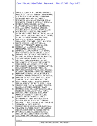 1
2
3
4
5
6
7
8
9
10
11
12
13
14
15
16
17
18
19
20
21
22
23
24
25
26
27
28
39268621.2
COMPLAINT FOR DECLARATORY RELIEF
IANNUZZI; LUCA ICLODEAN; DMOREA
JACKSON; JARON ANTHONY JAMERSON;
ANGELINA JAMES; COREY JOHNSON;
DEANDRE JOHNSON; JAYNELLE
JOHNSON; JOHANNA JOHNSON; SARAH
JOHNSON; EDGAR T. JONES; CHIQUANA
JOSHUA; MYLES KALK; AUTUM
KAPINKIN; JAWAUNDO W. KIMMONS;
WILLIAM KING; NIKKOLE KNIGHT;
ANGELL KNITTLE; ANNA KOPP; DAVID
KRONBERG; LORI KRUMME; MARY
LYNN KUEFFNER; ATHEA LAVIN; AMIAH
LEE; ERIKA LEE; LISA LEE; NICK LEMAY;
ALAN I. LEVITT; CHARLES LEXION;
YOLANDA LIZARDO; GABRIELA
LOMAGLIO; VICENTE LOPEZ; SHAWNA
LOTT; JOSHUA LUIZ; JOY LUJAN;
BRITTANY MACKAY; KERI MAHER;
CHRISTIAN MARQUEZ; TRACI
MARSHALL; RICHARD MASUCCI;
LINDSEY MATA; TRAVIS MATHESON;
STEVE MCBEE; DENISE MCCLELLAN;
LONNIE MCCORVEY; LYNNE MCCUE;
TAMIKA MCGILL; CARMEN MCKINLEY;
CLEVELAND MCMATH; DOREEN
MEDINA; TREZA MEKHAIL; PAIGE
MELANSON; ROSEMARIE MELANSON;
STEPHANIE MELANSON; STEPHEN
MELANSON; ESTATE OF AUSTIN MEYER;
ROMEO MEYER; ROBERT MILLER;
PHYLYSSA MONTOYA; ALYSSA MOORE;
KATRINA MORGAN; SHANCELA MYERS;
MARIROSE NAING; ANTHONY DON E.
NOARBE; AMBER NORCIA; ELSA NUNEZ;
ROSE O’TOOLE; KUULEI OTIS; STACIE
OWENS; CHAD PACKARD; KAYCEE
PAUL; ELISA PEREZ; ANGELA MARIE
PERRY; JEREMY PICKETT; JOSE PLAZA;
MACKENZIE PLUTA; DARRIAN PORTER;
LAURA A. PUGLIA; KARMJIT RAJU;
JASMINE REIN; STANLEY RENDON; LEA
RICHMOND; ISRAEL RIVERA; TONIA
ROCHELEAU; MICHAEL ROLLAND;
MARK RUSSELL; VINCENT SAGER;
CHRISTOPHER SALINAS; LENEA
SAMPSON; ALYSSA SANDS; JOSEPH
SARTIN; SARAH SCARLETT; SHAWN
SCARLETT; SHAYLENNE SCARLETT; KIM
SCHMITZ; ALISON SHEEHE;
CHRISTOPHER SHUEMAKER; BREANNA
SKAGEN; JENNIFER SKOFF; CHEYENNE
SLOAN; EDEN SMITH; JASPER SMITH;
YVONNE SMITH; MARTIN SOLANO;
SHELBY STALKER; CHRIS STEWART;
GREGORY TAVERNITE; SAM TAYLOR;
Case 2:18-cv-01288-APG-PAL Document 1 Filed 07/13/18 Page 3 of 57
 