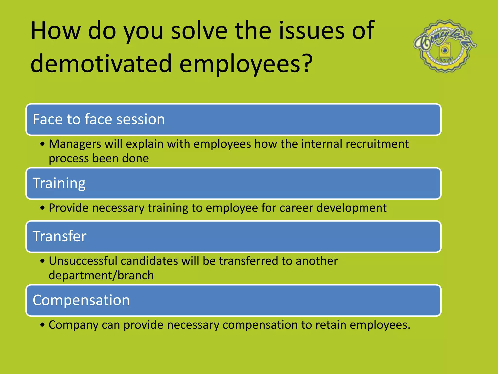How do you solve the issues of
demotivated employees?
Face to face session
• Managers will explain with employees how the internal recruitment
process been done
Training
• Provide necessary training to employee for career development
Transfer
• Unsuccessful candidates will be transferred to another
department/branch
Compensation
• Company can provide necessary compensation to retain employees.
 