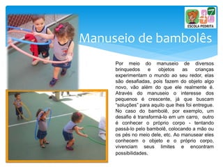 Manuseio de bambolês
Por meio do manuseio de diversos
brinquedos e objetos as crianças
experimentam o mundo ao seu redor, elas
são desafiadas, pois fazem do objeto algo
novo, vão além do que ele realmente é.
Através do manuseio o interesse dos
pequenos é crescente, já que buscam
“soluções” para aquilo que lhes foi entregue.
No caso do bambolê, por exemplo, um
desafio é transformá-lo em um carro, outro
é conhecer o próprio corpo - tentando
passá-lo pelo bambolê, colocando a mão ou
os pés no meio dele, etc. Ao manusear eles
conhecem o objeto e o próprio corpo,
vivenciam seus limites e encontram
possibilidades.
 