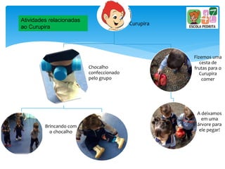 Curupira
Chocalho
confeccionado
pelo grupo
Brincando com
o chocalho
Fizemos uma
cesta de
frutas para o
Curupira
comer
A deixamos
em uma
árvore para
ele pegar!
Atividades relacionadas
ao Curupira
 