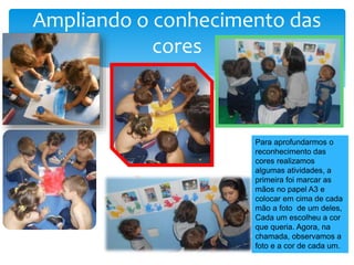 Ampliando o conhecimento das
cores
Para aprofundarmos o
reconhecimento das
cores realizamos
algumas atividades, a
primeira foi marcar as
mãos no papel A3 e
colocar em cima de cada
mão a foto de um deles,
Cada um escolheu a cor
que queria. Agora, na
chamada, observamos a
foto e a cor de cada um.
 