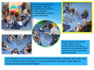 Com algodão pintamos folhas e fizemos formas geométricas coloridas para nossa sala.
Com os retalhos fizemos também um jogo de memória das cores. Cada etapa da
construção foi rica em aprendizagem.
Através dessas experiências
muitas sinapses vão se
construindo e a arquitetura
cerebral vai se formando. Difícil
mensurarmos tudo o que está
sendo aprendido
Para os pequenos tocar
diferentes materiais,
manuseá-los, explorar o
corpo, perceber
possibilidades e limites é
super importante.
 