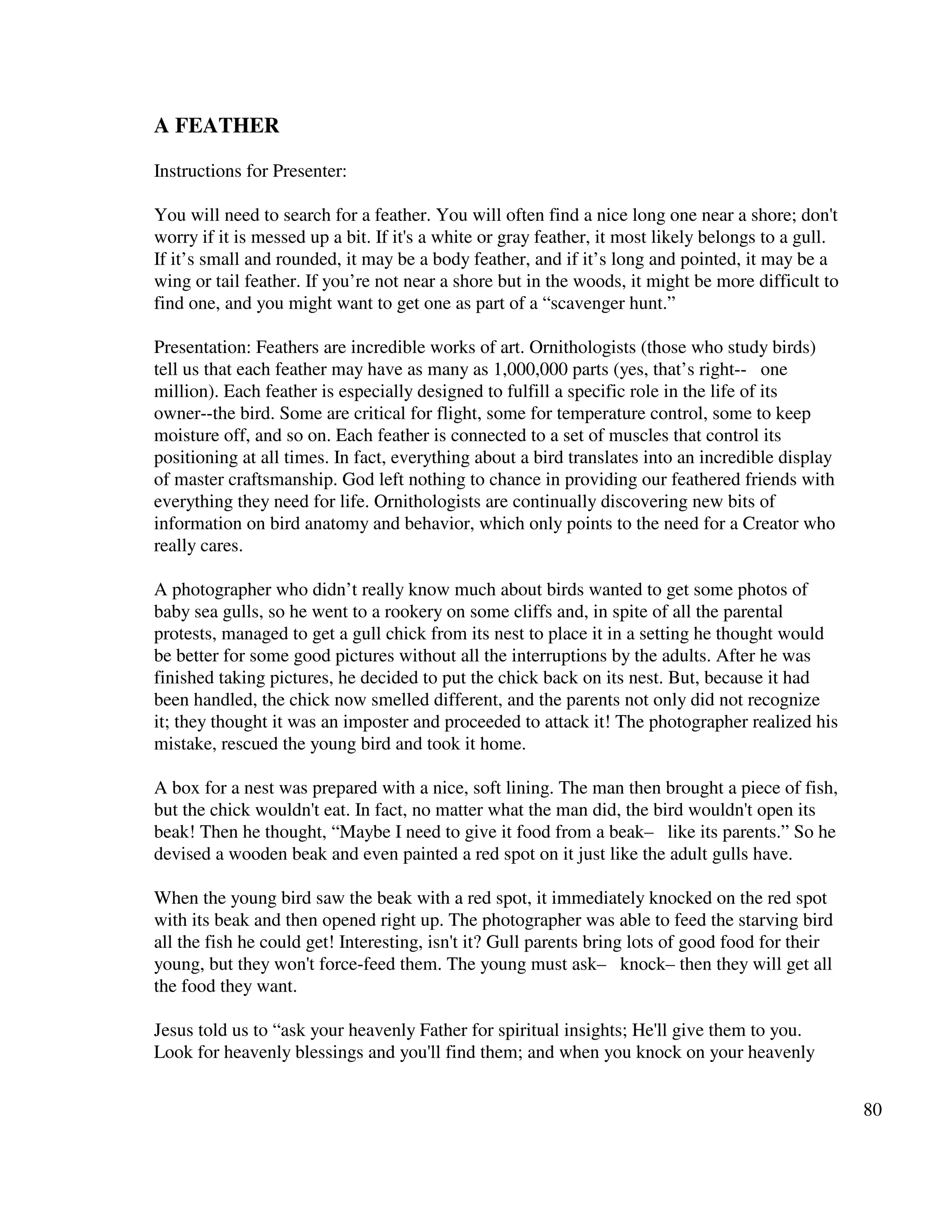 80
A FEATHER
Instructions for Presenter:
You will need to search for a feather. You will often find a nice long one near a shore; don't
worry if it is messed up a bit. If it's a white or gray feather, it most likely belongs to a gull.
If it’s small and rounded, it may be a body feather, and if it’s long and pointed, it may be a
wing or tail feather. If you’re not near a shore but in the woods, it might be more difficult to
find one, and you might want to get one as part of a “scavenger hunt.”
Presentation: Feathers are incredible works of art. Ornithologists (those who study birds)
tell us that each feather may have as many as 1,000,000 parts (yes, that’s right-- one
million). Each feather is especially designed to fulfill a specific role in the life of its
owner--the bird. Some are critical for flight, some for temperature control, some to keep
moisture off, and so on. Each feather is connected to a set of muscles that control its
positioning at all times. In fact, everything about a bird translates into an incredible display
of master craftsmanship. God left nothing to chance in providing our feathered friends with
everything they need for life. Ornithologists are continually discovering new bits of
information on bird anatomy and behavior, which only points to the need for a Creator who
really cares.
A photographer who didn’t really know much about birds wanted to get some photos of
baby sea gulls, so he went to a rookery on some cliffs and, in spite of all the parental
protests, managed to get a gull chick from its nest to place it in a setting he thought would
be better for some good pictures without all the interruptions by the adults. After he was
finished taking pictures, he decided to put the chick back on its nest. But, because it had
been handled, the chick now smelled different, and the parents not only did not recognize
it; they thought it was an imposter and proceeded to attack it! The photographer realized his
mistake, rescued the young bird and took it home.
A box for a nest was prepared with a nice, soft lining. The man then brought a piece of fish,
but the chick wouldn't eat. In fact, no matter what the man did, the bird wouldn't open its
beak! Then he thought, “Maybe I need to give it food from a beak– like its parents.” So he
devised a wooden beak and even painted a red spot on it just like the adult gulls have.
When the young bird saw the beak with a red spot, it immediately knocked on the red spot
with its beak and then opened right up. The photographer was able to feed the starving bird
all the fish he could get! Interesting, isn't it? Gull parents bring lots of good food for their
young, but they won't force-feed them. The young must ask– knock– then they will get all
the food they want.
Jesus told us to “ask your heavenly Father for spiritual insights; He'll give them to you.
Look for heavenly blessings and you'll find them; and when you knock on your heavenly
 