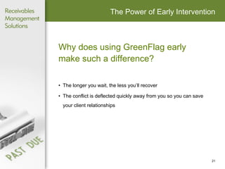 The Power of Early Intervention Why does using GreenFlag early  make such a difference? The longer you wait, the less you’ll recover The conflict is deflected quickly away from you so you can save your client relationships  