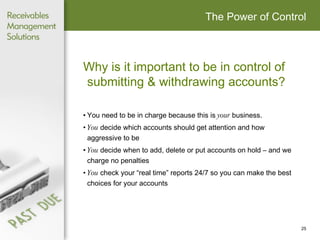 The Power of Control Why is it important to be in control of submitting & withdrawing accounts?  You need to be in charge because this is  your  business.  You  decide which accounts should get attention and how aggressive to be You  decide when to add, delete or put accounts on hold – and we charge no penalties  You  check your “real time” reports 24/7 so you can make the best choices for your accounts 