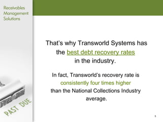 That’s why Transworld Systems has the   best debt recovery rates   in the industry.   In fact, Transworld’s recovery rate is  consistently four times higher   than the National Collections Industry  average. 