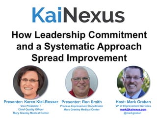 Host: Mark Graban
VP of Improvement Services
mark@kainexus.com
@markgraban
How Leadership Commitment
and a Systematic Approach
Spread Improvement
Presenter: Karen Kiel-Rosser
Vice President /
Chief Quality Officer
Mary Greeley Medical Center
Presenter: Ron Smith
Process Improvement Coordinator
Mary Greeley Medical Center