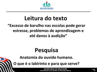 Leitura do texto
“Excesso de barulho nas escolas pode gerar
estresse, problemas de aprendizagem e
até danos à audição”

Pesquisa
Anatomia do ouvido humano.
O que é o labirinto e para que serve?
SECRETARIA DA EDUCAÇÃO

Coordenadoria de Gestão da Educação Básica

Slide
23

 