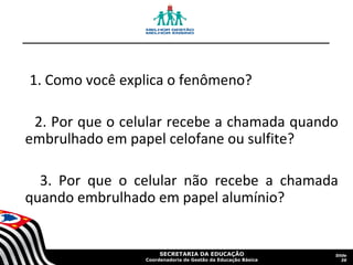 1. Como você explica o fenômeno?
2. Por que o celular recebe a chamada quando
embrulhado em papel celofane ou sulfite?
3. Por que o celular não recebe a chamada
quando embrulhado em papel alumínio?

SECRETARIA DA EDUCAÇÃO

Coordenadoria de Gestão da Educação Básica

Slide
39

 