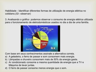 Habilidade - Identificar diferentes formas de utilização de energia elétrica no
cotidiano.(GI –observar)
3. Analisando o gráfico podemos observar o consumo de energia elétrica utilizada
para o funcionamento de eletrodomésticos usados no dia a dia de uma familía.
Com base em seus conhecimentos assinale a alternativa correta.
a) A geladeira, o ferro de passar e som consomem mais energia.
b) Lâmpadas e chuveiro consomem mais de 50% da energia gasta.
c) Ar condicionado consome a mesma quantidade de energia que a TV e
Máquina de lavar juntas.
d) O ferro de passar consome menos energia que o som.
 