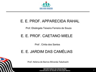 SECRETARIA DA EDUCAÇÃO
Coordenadoria de Gestão da Educação Básica 2
E. E. PROF. APPARECIDA RAHAL
E. E. PROF. CAETANO MIELE
E. E. JARDIM DAS CAMÉLIAS
Prof. Elisângela Teixeira Ferreira de Souza
Prof . Cintia dos Santos
Prof. Helena de Barros Miranda Takahashi
 