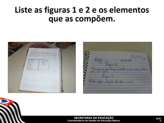 SECRETARIA DA EDUCAÇÃO
Coordenadoria de Gestão da Educação Básica
Slide
6
Liste as figuras 1 e 2 e os elementos
que as compõem.
 
