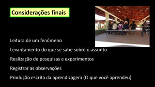 Considerações finais
Leitura de um fenômeno
Levantamento do que se sabe sobre o assunto
Realização de pesquisas e experimentos
Registrar as observações
Produção escrita da aprendizagem (O que você aprendeu)
 