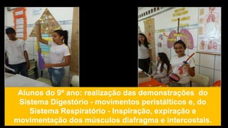Alunos do 9º ano: realização das demonstrações do
Sistema Digestório - movimentos peristálticos e, do
Sistema Respiratório - Inspiração, expiração e
movimentação dos músculos diafragma e intercostais.
 