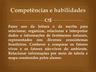 
Fazer uso da leitura e da escrita para
selecionar, organizar, relacionar e interpretar
dados e informações de fenômenos naturais,
representados nos diversos ecossistemas
brasileiros. Conhecer e comparar os fatores
vivos e os fatores não-vivos do ambiente.
Relacionar informações por meio de tabela e
mapa construídos pelos alunos.
Competências e habilidades
 
