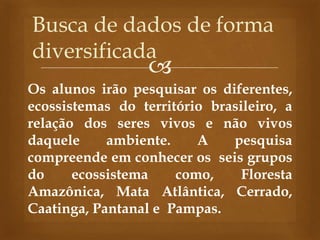 
Os alunos irão pesquisar os diferentes,
ecossistemas do território brasileiro, a
relação dos seres vivos e não vivos
daquele ambiente. A pesquisa
compreende em conhecer os seis grupos
do ecossistema como, Floresta
Amazônica, Mata Atlântica, Cerrado,
Caatinga, Pantanal e Pampas.
Busca de dados de forma
diversificada
 