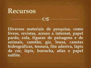 
Diversos materiais de pesquisa, como
livros, revistas, acesso a internet, papel
pardo, cola, figuras de paisagens e de
animais, canetão, giz, lousa, canetas
hidrográficas, tesoura, fita adesiva, lápis
de cor, lápis, borracha, atlas e papel
sulfite.
Recursos
 