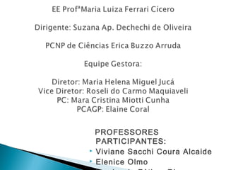 PROFESSORES
PARTICIPANTES:
 Viviane Sacchi Coura Alcaide
 Elenice Olmo
 