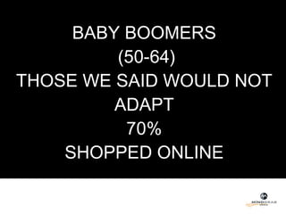BABY BOOMERS  (50-64) THOSE WE SAID WOULD NOT ADAPT  70%  SHOPPED ONLINE 