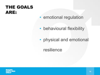 THE GOALS
ARE:
• emotional regulation
• behavioural flexibility
• physical and emotional
resilience
14
 