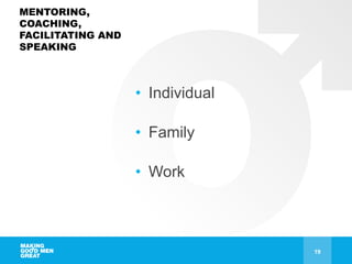 MENTORING,
COACHING,
FACILITATING AND
SPEAKING
• Individual
• Family
• Work
19
 