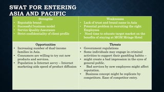 SWAT FOR ENTERING
ASIA AND PACIFIC
Strengths
• Reputable brand
• Successful business model
• Service Quality Assurance
• Strict confidentiality of client profile
Weaknesses
• Lack of trust and brand name in Asia
• Potential problem in recruiting the right
Employees
• Need time to educate target market on the
benefits of staying at MGM Mriage Hotel
Opportunities
• Increasing number of dual-income
families in Asia.
• Consumers are willing to try out new
products and services.
• Population is Internet savvy – Internet
marketing aids speed of product diffusion
Threats
• Government regulations
• Some individuals may engage in criminal
activities to support their gambling habits –
• might create a bad impression in the eyes of
general public.
• Bad services by new employees might affect
reputation.
• Business concept might be replicate by
competitors. Ease of competitor entry.
 