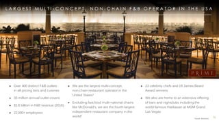 10
► Over 400 distinct F&B outlets
in all pricing tiers and cuisines
► 33 million annual outlet covers
► $1.6 billion in F&B revenue (2016)
► 22,000+ employees
L A R G E S T M U L T I - C O N C E P T , N O N - C H A I N F & B O P E R A T O R I N T H E U S A
► We are the largest multi-concept,
non-chain restaurant operator in the
United States1
► Excluding fast food multi-national chains
like McDonald’s, we are the fourth largest
independent restaurant company in the
world1
► 23 celebrity chefs and 19 James Beard
Award winners
► We also are home to an extensive offering
of bars and nightclubs including the
world-famous Hakkasan at MGM Grand
Las Vegas
101 Source: Technomic
 