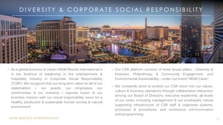 MGM RESORTS INTERNATIONAL
D I V E R S I T Y & C O R P O R A T E S O C I A L R E S P O N S I B I L I T Y
11
• As a global business & citizen, MGM Resorts International is
in the forefront of leadership in the entertainment &
hospitality industry in Corporate Social Responsibility
(“CSR”). We recognize that our long-term value for all of our
stakeholders – our guests, our employees, our
communities & our investors – requires fusion of our
business mission with our social responsibility vision for a
healthy, productive & sustainable human society & natural
environment.
• Our CSR platform consists of three broad pillars – Diversity &
Inclusion, Philanthropy & Community Engagement, and
Environmental Sustainability – under our brand “MGM Cares”.
• We constantly strive to embed our CSR vision into our values,
culture & business operations through collaborative interaction
among our Board of Directors, executive leadership, all levels
of our ranks, including management & our employees; robust
supporting infrastructure of CSR staff & organized systems,
processes & procedures; and continuous communication
and programming.
 