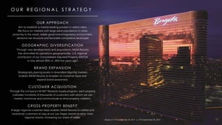 31
31
O U R R E G I O N A L S T R A T E G Y
OUR APPROACH
Aim to establish a market-leading position in select cities.
We focus on markets with large adult populations in close
proximity to the resort, stable government/regulatory environment,
attractive tax structure and favorable competitive landscape.
GEOGRAPHIC DIVERSIFICATION
Through new developments and acquisitions, MGM Resorts
has diversified its operations geographically. U.S. regional
contribution of our Consolidated Adjusted Property EBITDA
is now almost 25% vs. 15% five years ago1.
BRAND EXPANSION
Strategically placing assets in diversified regional markets
enables MGM Resorts to broaden its customer base and
expand brand awareness.
CUSTOMER ACQUISITION
Through the company’s M life® Rewards loyalty program, each property
cultivates hundreds of thousands of customers with whom we can
market, incentivize and communicate to drive property visitation.
CROSS-PROPERTY BENEFIT
A larger regional customer base enables MGM Resorts to market and
incentivize customers to stay at our Las Vegas resorts or other sister
regional resorts, increasing our share of wallet.
1 Based on YTD September 30, 2017 vs. YTD September 30, 2012
 