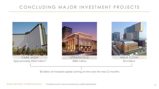 MGM RESORTS INTERNATIONAL
C O N C L U D I N G M A J O R I N V E S T M E N T P R O J E C T S
47
$960 millionApproximately $550 million* $3.4 billion
$5 billion of invested capital coming on line over the next 12 months
PARK MGM SPRINGFIELD MGM COTAI
* Included as part of annual maintenance capital expenditures
 