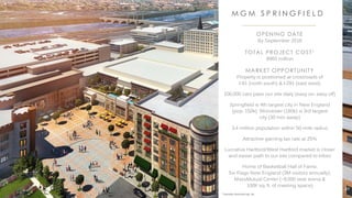 OPENING DATE
By September 2018
TOTAL PROJECT COST1
$960 million
MARKET OPPORTUNITY
Property is positioned at crossroads of
I-91 (north south) & I-291 (east west)
100,000 cars pass our site daily (easy on, easy off)
Springfield is 4th largest city in New England
(pop. 150k), Worcester (180k) is 3rd largest
city (30 min away)
3.4 million population within 50-mile radius
Attractive gaming tax rate at 25%
Lucrative Hartford/West Hartford market is closer
and easier path to our site compared to tribes
Home of Basketball Hall of Fame,
Six Flags New England (3M visitors annually),
MassMutual Center (~8,000 seat arena &
100K sq. ft. of meeting space)
M G M S P R I N G F I E L D
49
1 Excludes land and cap. Int.
 