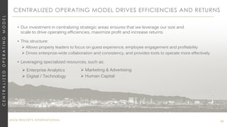 MGM RESORTS INTERNATIONAL
CENTRALIZED OPERATING MODEL DRIVES EFFICIENCIES AND RETURNS
54
• Our investment in centralizing strategic areas ensures that we leverage our size and
scale to drive operating efficiencies, maximize profit and increase returns.
• This structure:
 Allows property leaders to focus on guest experience, employee engagement and profitability
 Drives enterprise-wide collaboration and consistency, and provides tools to operate more effectively
• Leveraging specialized resources, such as:
 Enterprise Analytics
 Digital / Technology
 Marketing & Advertising
 Human Capital
CENTRALIZEDOPERATINGMODEL
 