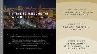 MGM RESORTS INTERNATIONAL
W H A T W E D O
E N G A G E , E N T E R T A I N ,
& I N S P I R E
C O R E B E L I E F
E N T E R T A I N M E N T
I S A F U N D A M E N T A L
H U M A N N E E D
W H Y W E D O I T
T O P U T M O R E W O W ! I N T O
T H E H U M A N R A C E
57
Our core belief is that Entertainment is a fundamental human need
and that MGM Resorts exists to entertain the human race.
This core belief sets the tone of our brand platform
“Welcome to the Show”. Our portfolio of assets and
offerings reinforce we are not simply in the hospitality business
or the gaming business.
We are in the entertainment business.
DIFFERENTIATEDBRANDPLATFORM
 