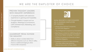 MGM RESORTS INTERNATIONAL
W E A R E T H E E M P L O Y E R O F C H O I C E
60
MGM RESORTS IS RECOGNIZED
AS A LEADING EMPLOYER
OF CHOICE:
 World’s Most Admired Companies
by FORTUNE Magazine
 Top 10 Regional Companies by DiversityInc
 Best Places to Work for LGBTQ Equality by
the Human Rights Campaign Foundation
 40 Best Companies for Diversity by Black
Enterprise Magazine
 Employer of Choice for High Achieving
Pan-Asian Millennials Award by
National Association of Asian MBAs
PROVEN THOUGHT LEADERS
WITH INDUSTRY EXPERIENCE
 17 property leaders with extensive
experience in gaming and hospitality
 Thought leaders in areas such as
Analytics, Meetings & Conventions,
CSR, Entertainment, Marketing, and
Compliance
LEADERSHIP FROM OUTSIDE
THE INDUSTRY
 Ability to attract coveted talent from
different industries such as: Silicon valley,
finance, traditional lodging & other
Fortune 500 companies
TALENTMANAGEMENT
 
