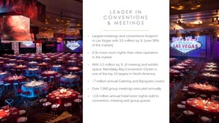 8
• Largest meetings and conventions footprint
in Las Vegas with 3.5 million sq. ft. (over 30%
of the market)
• 2−3x more room nights than other operators
in the market
• With 2.1 million sq. ft. of meeting and exhibit
space, Mandalay Bay Convention Center is
one of the top 10 largest in North America
• ~7 million annual Catering and Banquets covers
• Over 7,000 group meetings executed annually
• ~2.8 million annual hotel room nights sold to
convention, meeting and group guests
L E A D E R I N
C O N V E N T I O N S
& M E E T I N G S
 