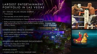 9
L A R G E S T E N T E R T A I N M E N T
P O R T F O L I O I N L A S V E G A S
20+ VENUES IN LAS VEGAS MARKET
• Three arenas
• Two specialty venues (4k-6k capacity)
• 16 showrooms (including six Cirque du Soleil® productions)
• Ability to leverage expertise to drive programming at seven
sister venues across the U.S. and the MGM Theater at MGM
COTAI in Macau
ENTERTAINMENT RESULTS OVERALL
• Approximately 8.4 million tickets sold across
8,100+ events hosted by Las Vegas
market venues in 2017
RESIDENCIES AND EXTENDED ENGAGEMENTS
• Include Lady Gaga, Bruno Mars, Cher,
Boyz II Men, David Copperfield
SPORTING EVENTS
• Include boxing, UFC®, hockey, basketball, rodeo
 