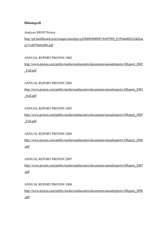 Bibiolografi

Analysis SWOT Proton
http://g4.buildboard.com/images/attachpic/g4/B400/B400F1844T909_8195ded601b2dd2aa
ee71cb07bd4c006.pdf


ANNUAL REPORT PROTON 2002
http://www.proton.com/public/media/mediacentre/documents/annualreports/AReport_2002
_Full.pdf


ANNUAL REPORT PROTON 2003
http://www.proton.com/public/media/mediacentre/documents/annualreports/AReport_2003
_Full.pdf


ANNUAL REPORT PROTON 2005
http://www.proton.com/public/media/mediacentre/documents/annualreports/AReport_2005
_Full.pdf


ANNUAL REPORT PROTON 2006
http://www.proton.com/public/media/mediacentre/documents/annualreports/AReport_2006
.pdf


ANNUAL REPORT PROTON 2007
http://www.proton.com/public/media/mediacentre/documents/annualreports/AReport_2007
.pdf


ANNUAL REPORT PROTON 2008
http://www.proton.com/public/media/mediacentre/documents/annualreports/AReport_2008
.pdf
 