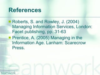 References Roberts, S. and Rowley, J. (2004) Managing Information Services, London: Facet publishing, pp. 31-63 Prentice, A. (2005) Managing in the Information Age. Lanham: Scarecrow Press. 