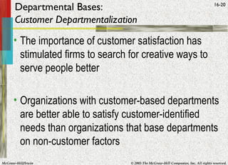 McGraw-Hill/Irwin © 2005 The McGraw-Hill Companies, Inc. All rights reserved.
16-20
Departmental Bases:
Customer Departmentalization
• The importance of customer satisfaction has
stimulated firms to search for creative ways to
serve people better
• Organizations with customer-based departments
are better able to satisfy customer-identified
needs than organizations that base departments
on non-customer factors
 