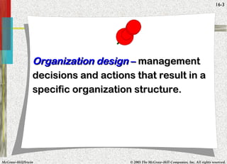 McGraw-Hill/Irwin © 2005 The McGraw-Hill Companies, Inc. All rights reserved.
16-3
Organization designOrganization design –– managementmanagement
decisions and actions that result in adecisions and actions that result in a
specific organization structure.specific organization structure.
 