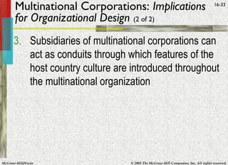 McGraw-Hill/Irwin © 2005 The McGraw-Hill Companies, Inc. All rights reserved.
16-33
Multinational Corporations: Implications
for Organizational Design (2 of 2)
3. Subsidiaries of multinational corporations can
act as conduits through which features of the
host country culture are introduced throughout
the multinational organization
 