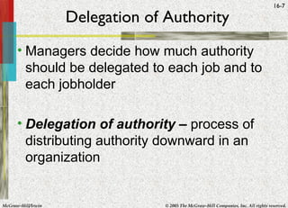 McGraw-Hill/Irwin © 2005 The McGraw-Hill Companies, Inc. All rights reserved.
16-7
Delegation of Authority
• Managers decide how much authority
should be delegated to each job and to
each jobholder
• Delegation of authority – process of
distributing authority downward in an
organization
 