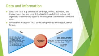Data and Information
 Data: raw facts e.g. description of things, events, activities, and
transactions; that are recorded, classified, and stored but are not
organized to convey any specific meaning that can be understood and
used.
 Information: Cluster of facts or data shaped into meaningful, useful
format.
 