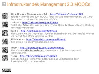 Infrastruktur des Management 2.0 MOOCs
Xing-Gruppe Management 2.0 – http://xing.com/net/mgmt20
Beitritt = Anmeldung zum MOOC, Foren für alle Themenwochen. Die Xing-
Gruppe ist das Haupt-Medium des MOOCs.
Twitter – http://twitter.com/mgmt20mooc
Postet alle Aktivitäten aus den Xing-Foren. Beim Twittern bitte den Hashtag
#mgmt20 verwenden.
Scribd – http://scribd.com/mgmt20mooc
Hier stellen wir die Impulsbeiträge der ExpertInnen ein. Die Inhalte können
per Scribd-App offline gelesen werden.
Slideshare – http://slideshare.net/mgmt20mooc
Hier stellen wir alle Präsentationen ein.
Diigo - http://groups.diigo.com/group/mgmt20
Hier können alle Teilnehmer interessante Links beitragen und
kommentieren.
Flickr – http://flickr.com/groups/mgmt20
Hier können alle Teilnehmer Bilder z.B. aus Lerngruppen oder
Screenshots/Skizzen einstellen.
7
 