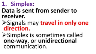 1. Simplex:
Data is sent from sender to
receiver.
Signals may travel in only one
direction.
Simplex is sometimes called
one-way, or unidirectional
communication.
 