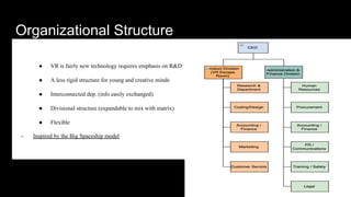Organizational Structure
●  VR is fairly new technology requires emphasis on R&D
●  A less rigid structure for young and creative minds
●  Interconnected dep. (info easily exchanged)
●  Divisional structure (expandable to mix with matrix)
●  Flexible
-  Inspired by the Big Spaceship model
 