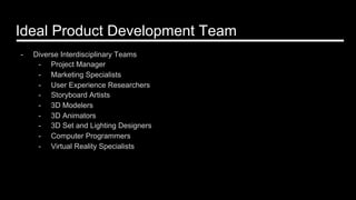 Ideal Product Development Team
-  Diverse Interdisciplinary Teams
-  Project Manager
-  Marketing Specialists
-  User Experience Researchers
-  Storyboard Artists
-  3D Modelers
-  3D Animators
-  3D Set and Lighting Designers
-  Computer Programmers
-  Virtual Reality Specialists
 