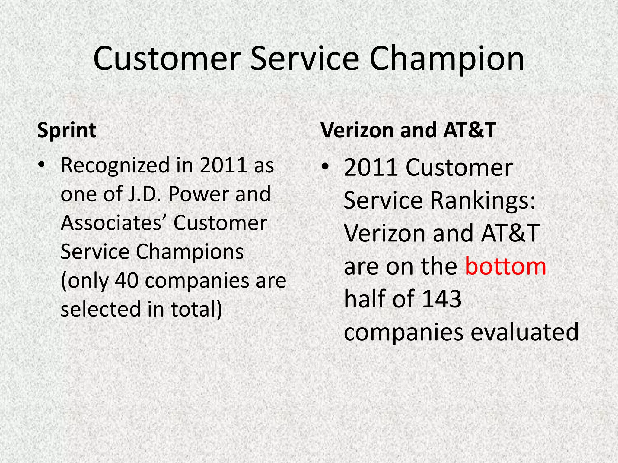 Customer Service Champion
Sprint                     Verizon and AT&T
• Recognized in 2011 as    • 2011 Customer
  one of J.D. Power and      Service Rankings:
  Associates’ Customer       Verizon and AT&T
  Service Champions
  (only 40 companies are
                             are on the bottom
  selected in total)         half of 143
                             companies evaluated
 
