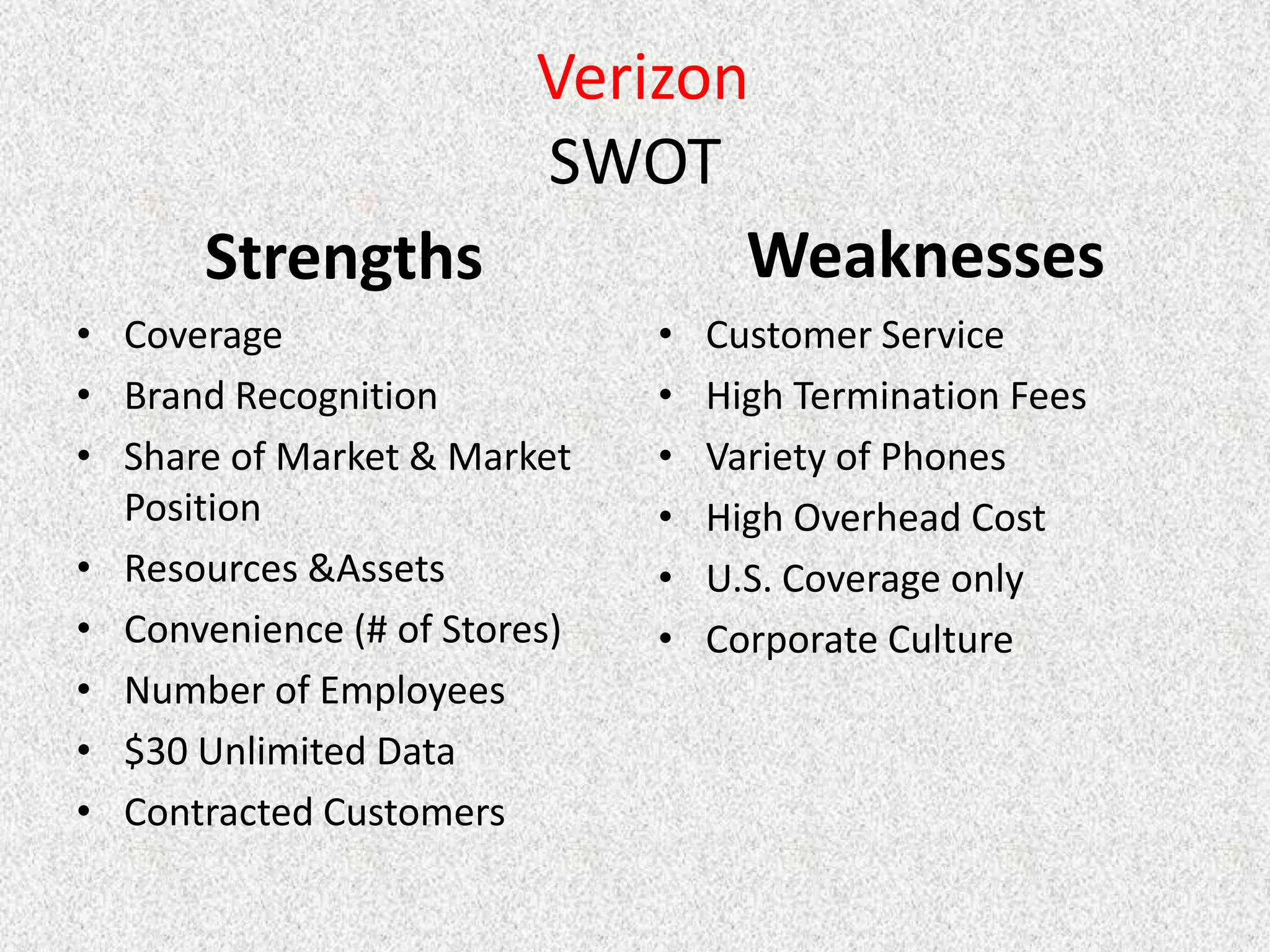 Verizon
                 SWOT
       Strengths        Weaknesses
• Coverage                    •   Customer Service
• Brand Recognition           •   High Termination Fees
• Share of Market & Market    •   Variety of Phones
  Position                    •   High Overhead Cost
• Resources &Assets           •   U.S. Coverage only
• Convenience (# of Stores)   •   Corporate Culture
• Number of Employees
• $30 Unlimited Data
• Contracted Customers
 